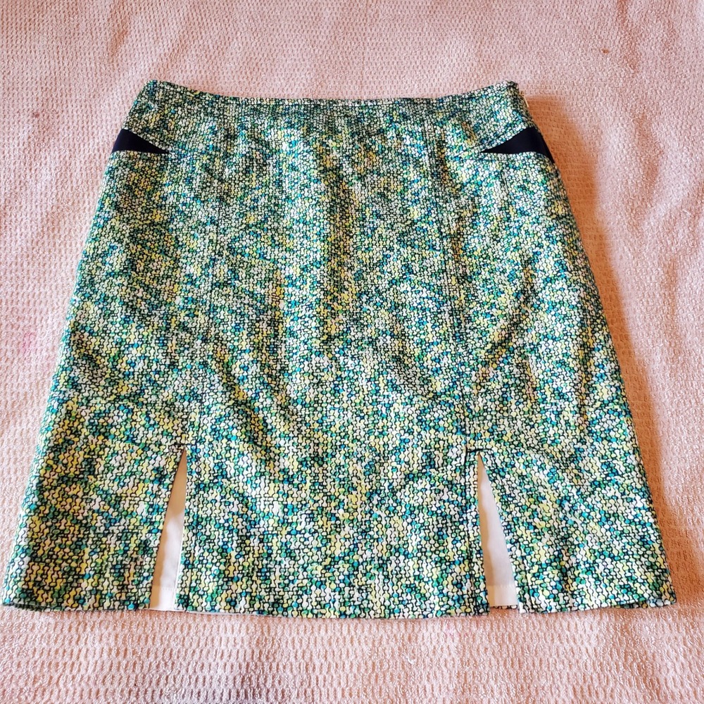 W by Worth Green Yellow Mosaic Print A-Line Skirt Front Slits Size 8 RN 98173
